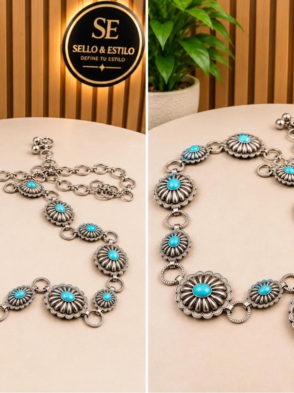Turquoise Accent Silver Floral Concho Chain Belt - Women Accessories